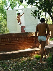 Well-built hunk luring a boy into outdoor oral sex