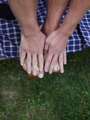 Michael strokes his hard cock in the backyard.